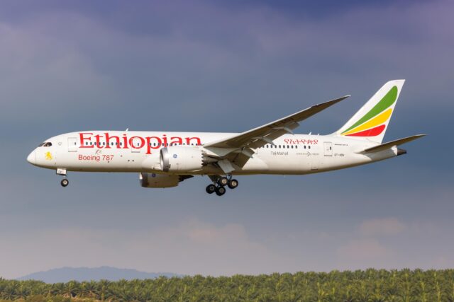 Kuala Lumpur, Malaysia - January 21, 2018: Ethiopian Boeing 787 Dreamliner airplane at Kuala Lumpur International Airport (KUL) in Malaysia. Boeing is an American aircraft manufacturer headquartered in Chicago.